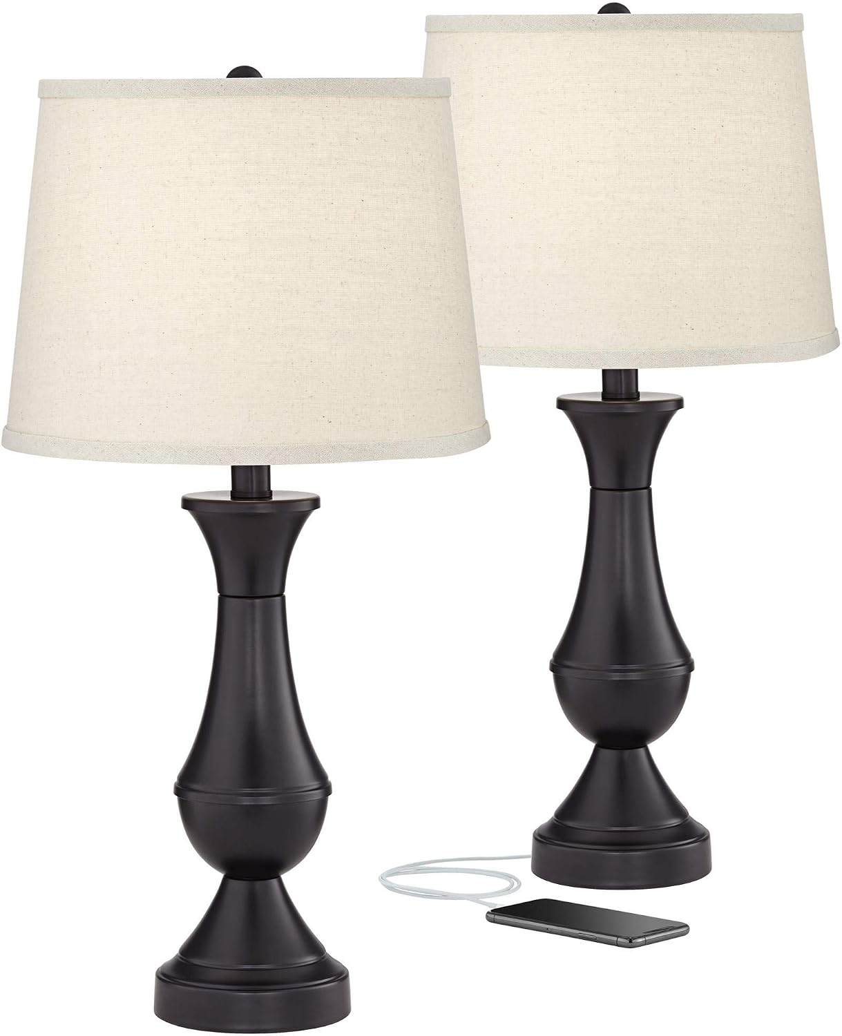 Regency Hill Traditional 25' High Set of 2 Hotel Style Touch Table Lamps with USB Ports A+C Charging LED Bronze Oatmeal Drum Shade for Living Room Bedroom House Bedside Nightstand Home Office