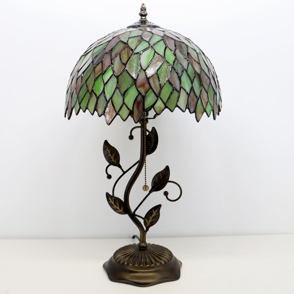 Tiffany Lamp Brownish Green Leafage Style Stained Glass Table Lamp Desk Bedside Reading Light 12X12X19 Inches with Metal Leaf Base