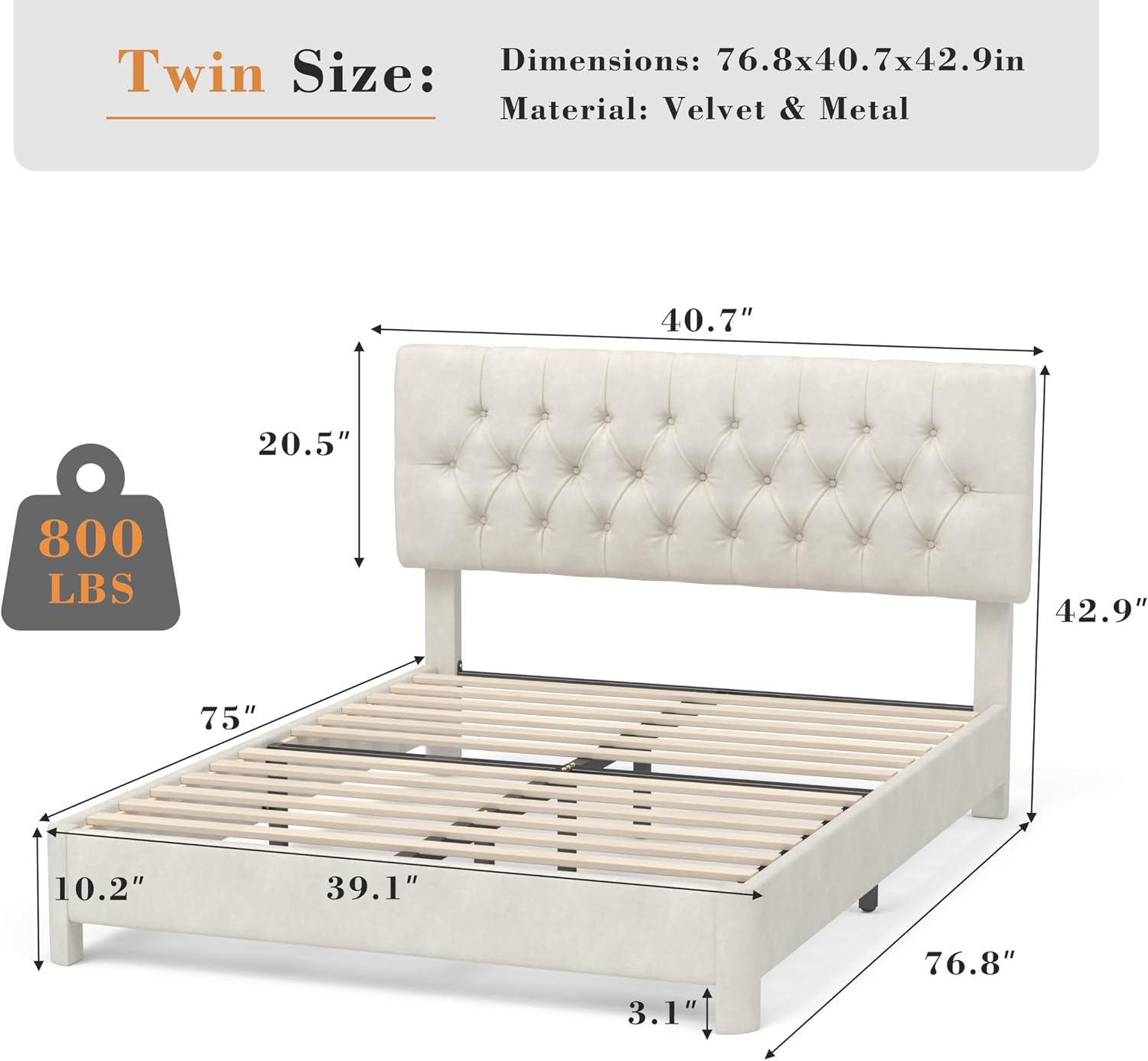 Vipbear Twin Bed Frame with Button Tufted Headboard, Velvet Fabric Upholstered Platform Bed, Wooden Slats Support, Adjustable Headboard, Noise Free, Easy Assembly, No Box Spring Needed, Beige