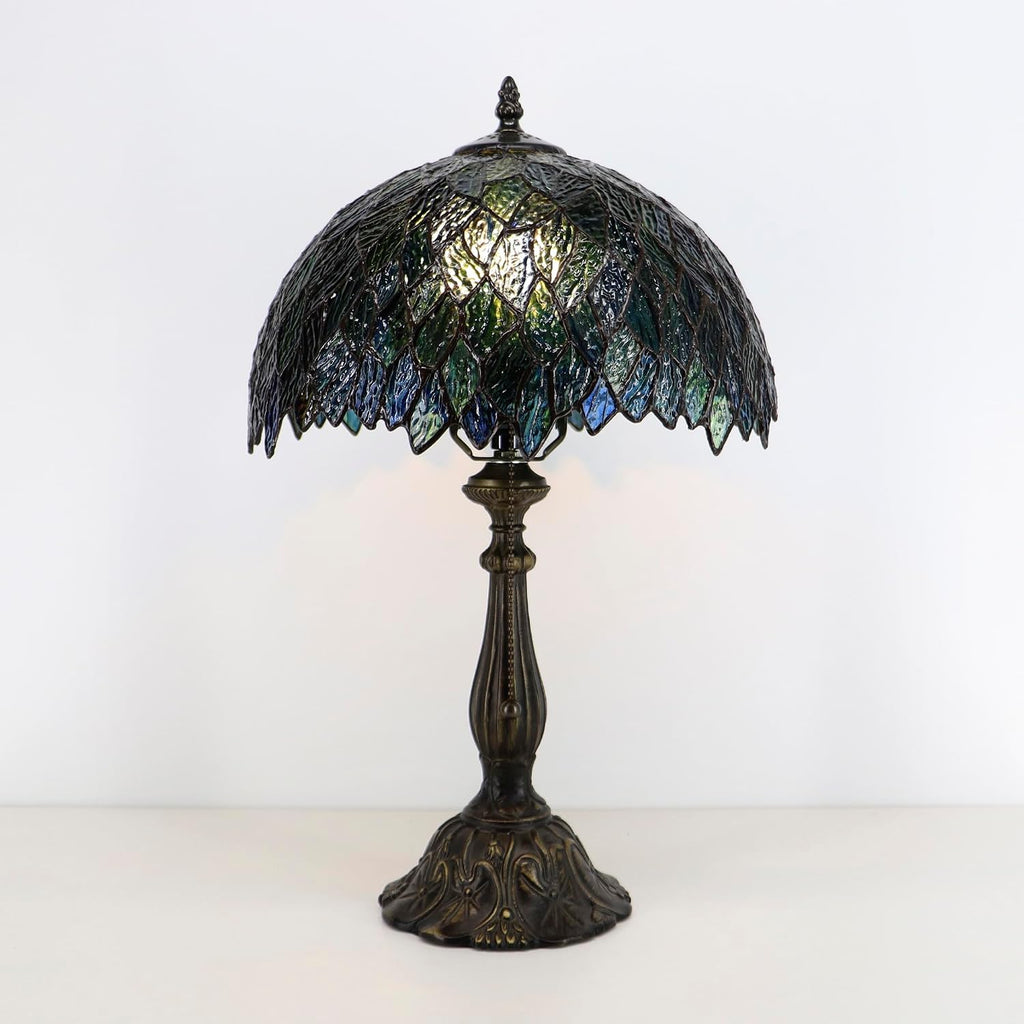 Tiffany Lamps Brownish Green Leaves Style Stained Glass Table Lamp Desk Bedside Reading Light 12X12X18.5 Inches with Bronze Resin Base Applicable to Bedroom Living Room Office