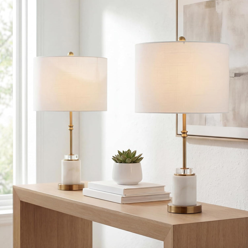 JONATHAN Y 27' Marble and Brass Gold Table Lamp Set of 2, Modern Glam Crystal Column Lamp with White Linen Drum Shade for Living Room Bedroom, LED Bulbs Included JYL5003A-SET2