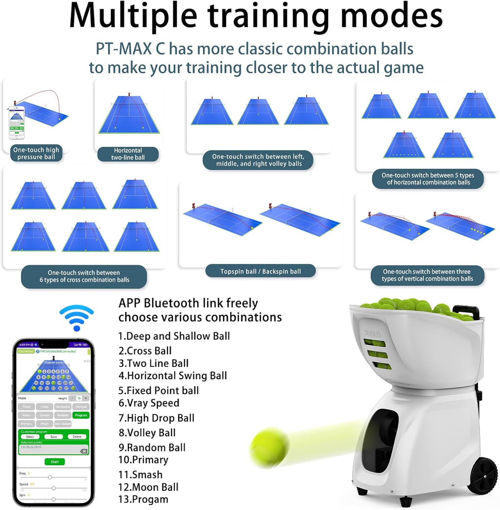 PT-MAX C Professional Smart Tennis Ball Machine | APP Controlled 28-Point Programming | 5-7Hr Ultra Battery | 20-140km/h Variable Speed | 150 Ball Capacity | Portable Training Solution