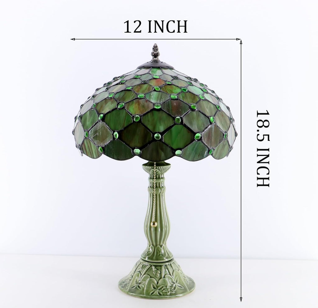 Tiffany Lamp Stained Glass Table Lamps Brownish Green Pearl Style Desk Lamp 12X12X18.5 Inch Bronze Ceramic Base Reading Light Suitable for Bedside Bedroom Living Room Dining Room Office
