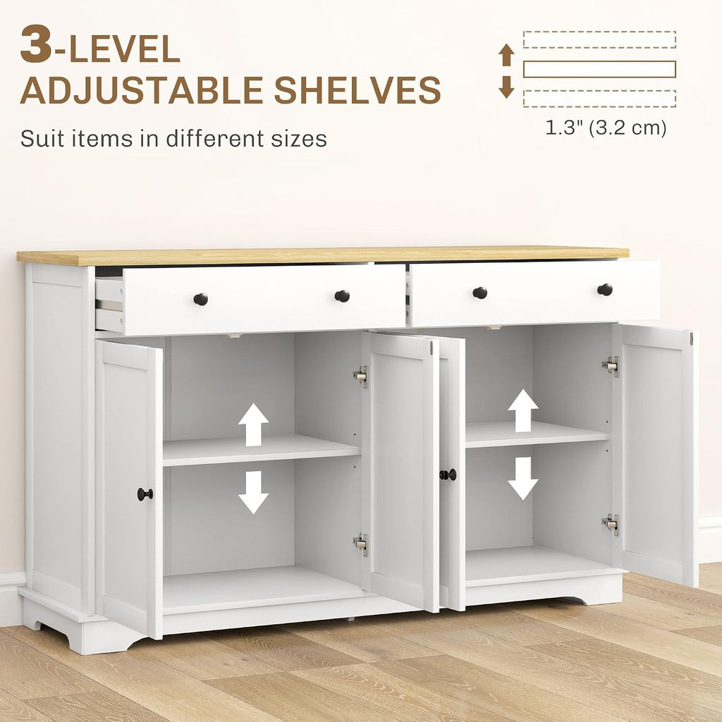 HOMCOM Sideboard Buffet Cabinet with Storage, 55' Modern Kitchen Cabinet with 4 Doors, 2 Drawers and 2 Adjustable Shelves, Coffee Bar Cabinet, White