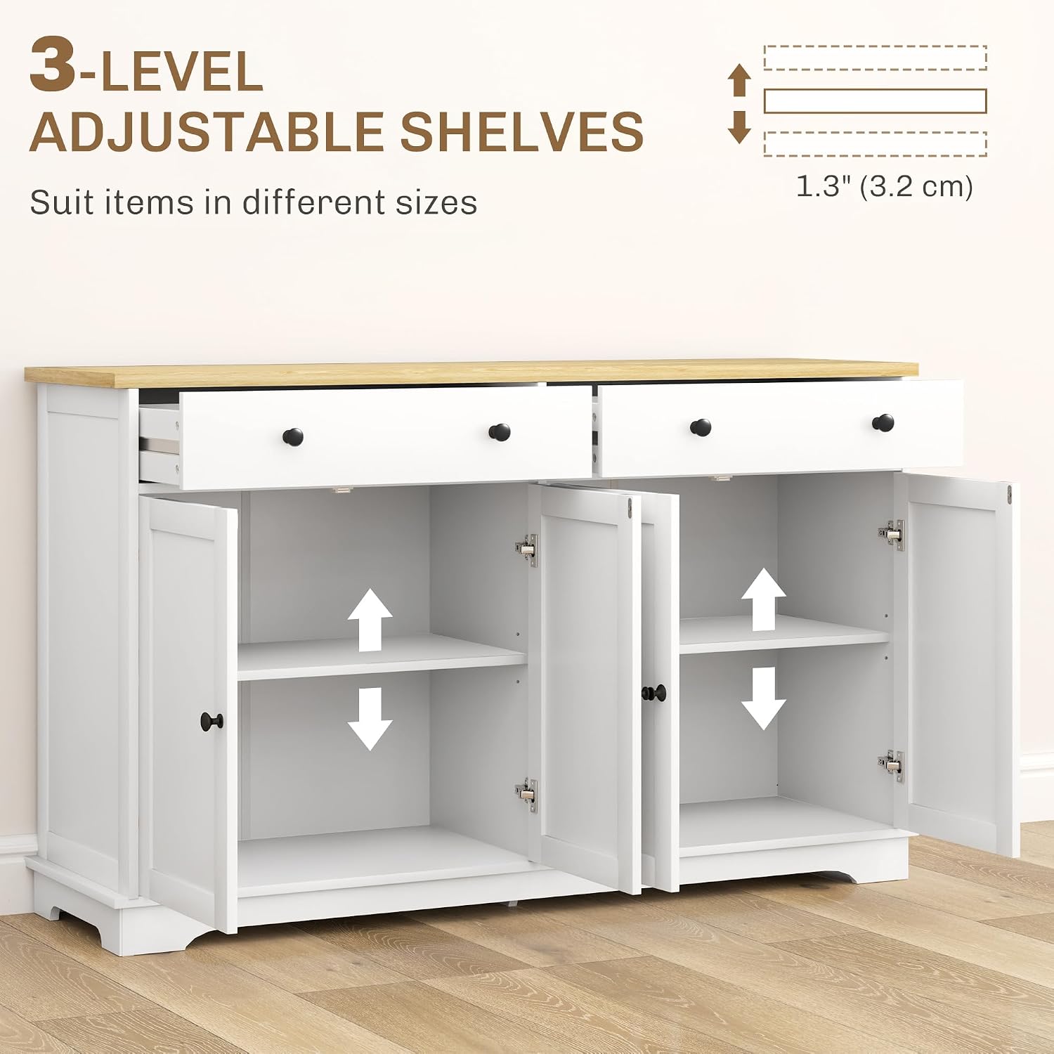 HOMCOM Sideboard Buffet Cabinet with Storage, 55' Modern Kitchen Cabinet with 4 Doors, 2 Drawers and 2 Adjustable Shelves, Coffee Bar Cabinet, White