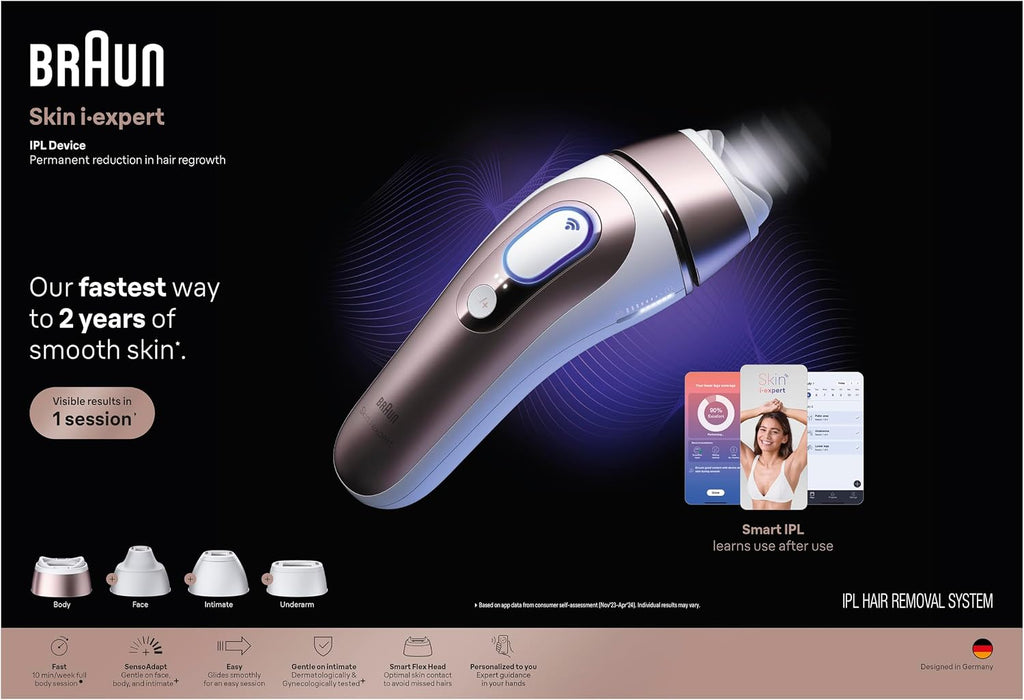 Braun Smart IPL, Skin i·Expert Pro 7, VOGUE's Best Hair Removal Device, IPL Hair Removal for Women and Men, Permanent Laser Hair Reduction At-Home, World's 1st Smart App, 4 Heads, IPL7387