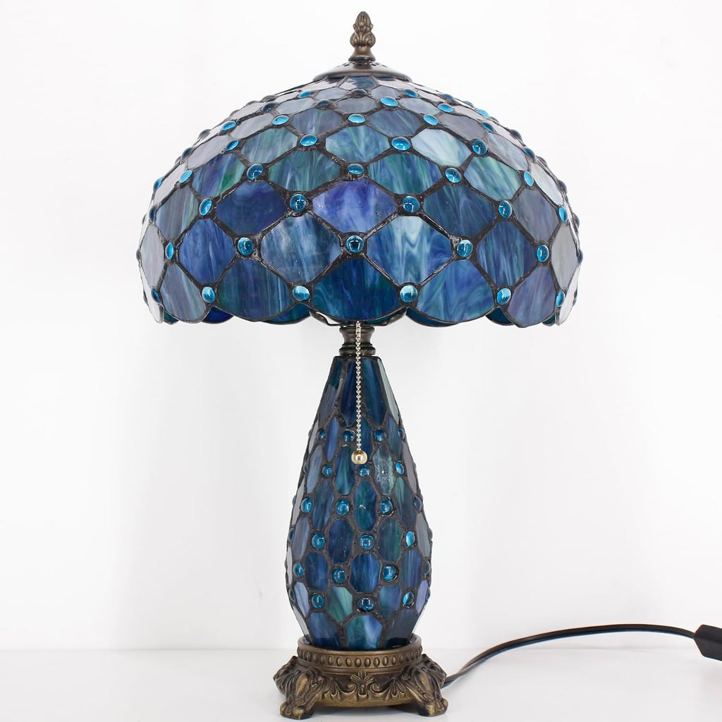 Tiffany Lamp Stained Glass Table Lamp 12X19 Inches Mother Daughter Vase Desk Accent Night Light for Bedroom Bedside Reading Home Antique Style (Blue Beads)