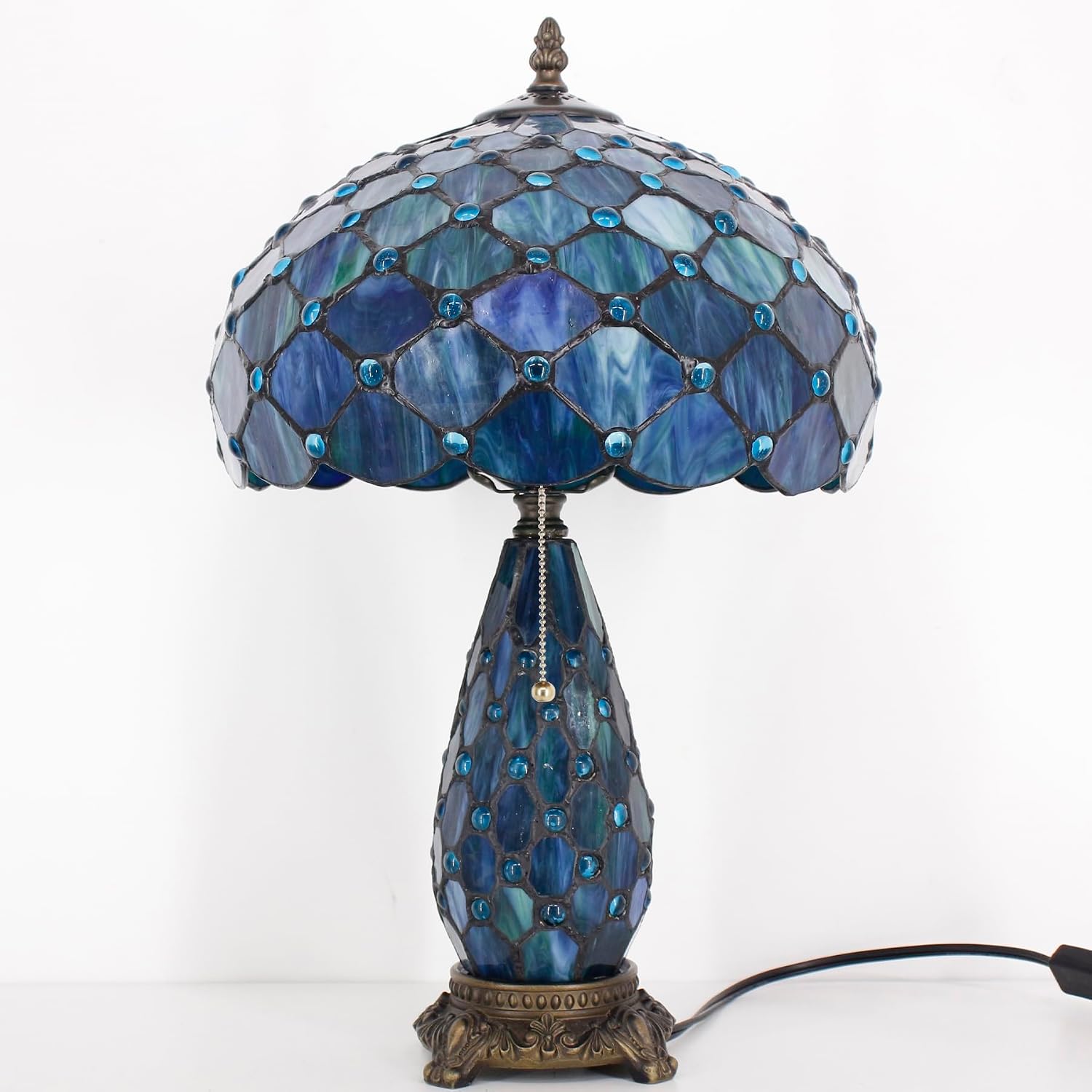 Tiffany Lamp Stained Glass Table Lamp 12X19 Inches Mother Daughter Vase Desk Accent Night Light for Bedroom Bedside Reading Home Antique Style (Blue Beads)