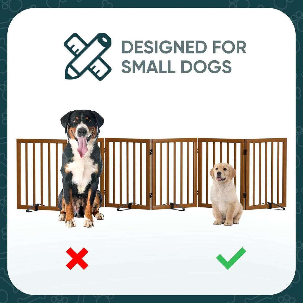 Semiocthome Walnut Dog Gates for Doorways, 6-Panel Freestanding Dog Gate Indoor for the House Stairs, 24' H Foldable Wooden Pet Gates with 4PCS Metal Stands, Expands Up to 110' (W)