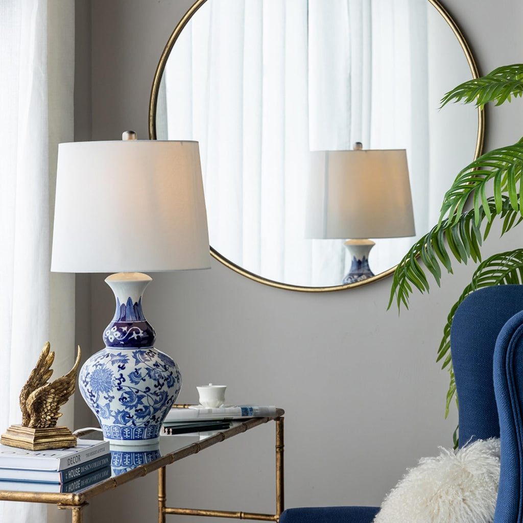 Montary 27.6' Chinoiserie Table Lamp, Classic Blue and White Round Ceramic Vase Lamp, Traditional Bedside Desk Nightstand Lamp for Bedroom Living Room Office College Bookcase Console
