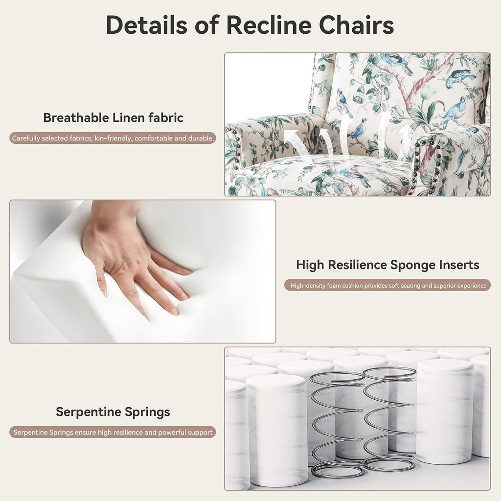 Pushback Recliner Chair, Floral Fabric Wingback Recliner Chair, Upholstered Rivet Trim Armchair Push Back Recliner Accent Chair for Small Spaces, Living Room, Bird