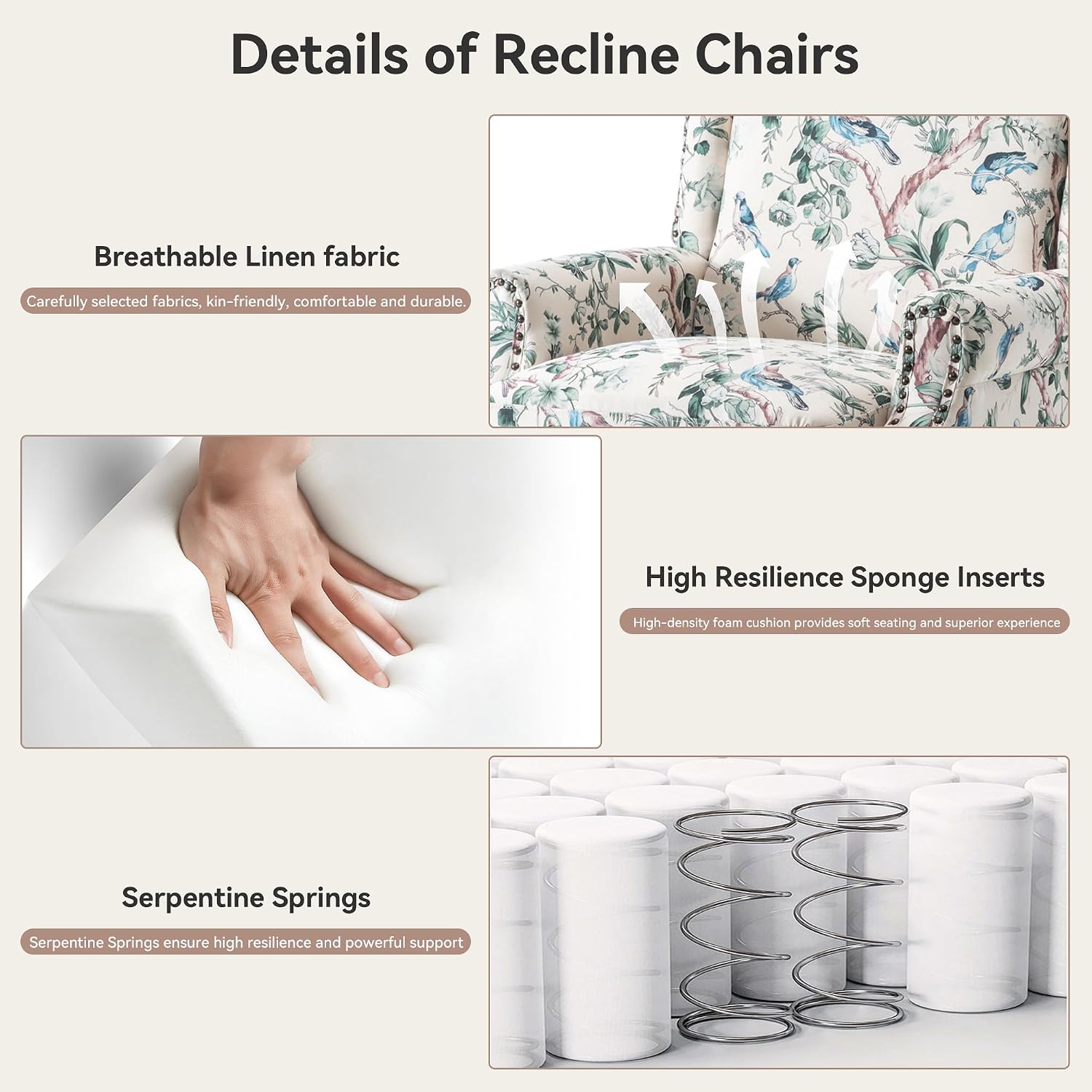 Pushback Recliner Chair, Floral Fabric Wingback Recliner Chair, Upholstered Rivet Trim Armchair Push Back Recliner Accent Chair for Small Spaces, Living Room, Bird