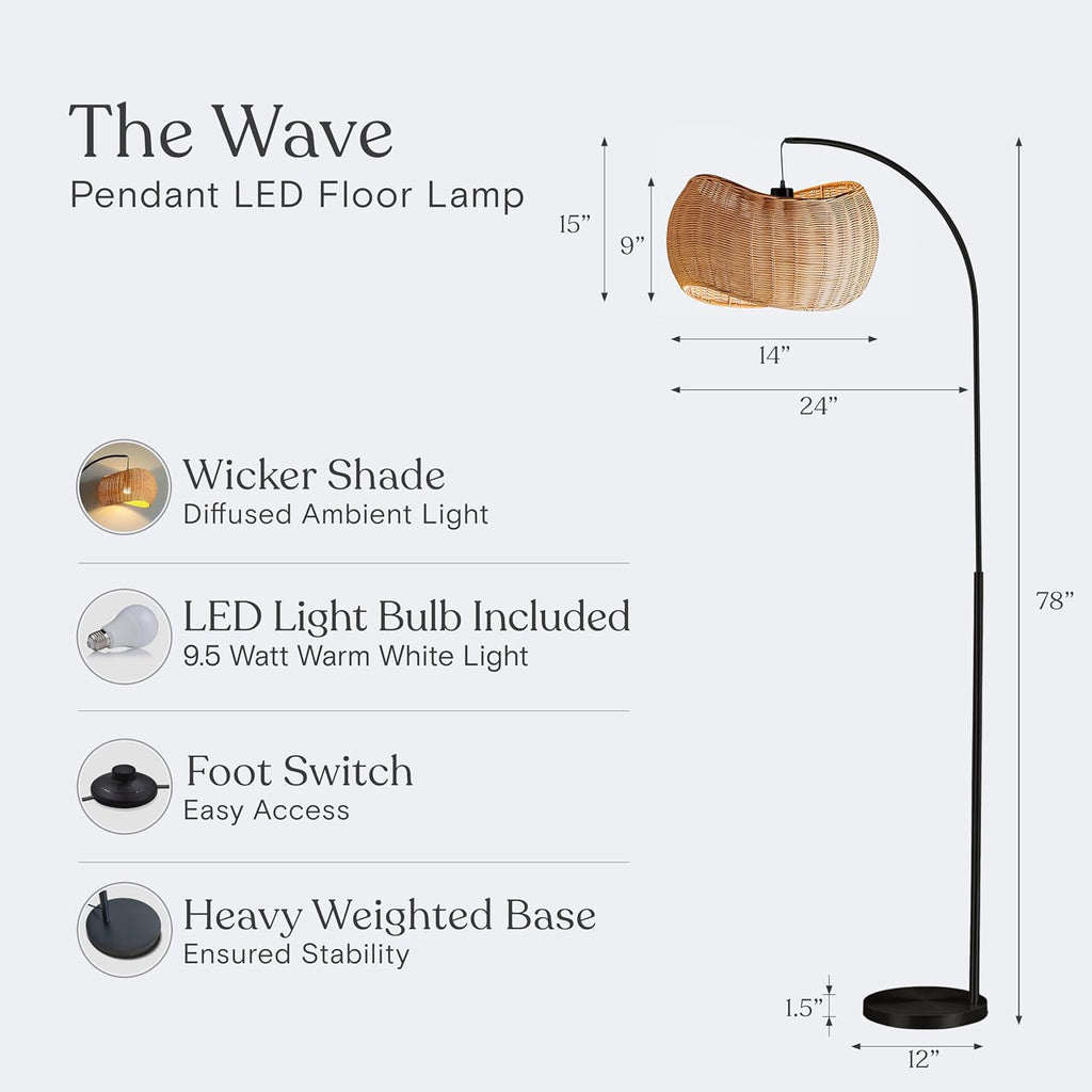 Brightech Wave Arc Floor Lamp - Chic Standing Lamp with Unique Hanging Wicker Pendant Shade for Living Room, Boho Rattan Natural Decor Lamp, Arcs Over Sofa, Bedroom & Office Desk for Reading - Black