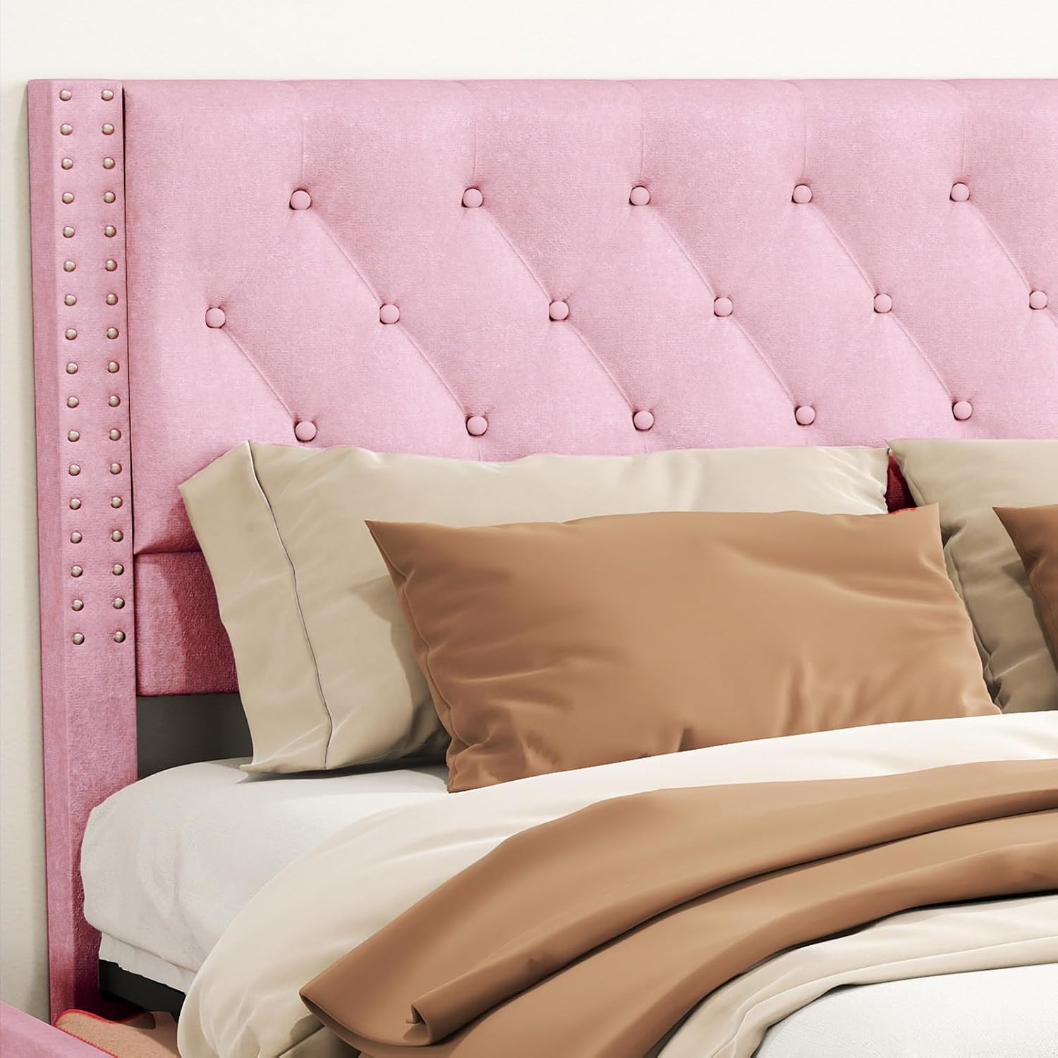 Brrnoo Metal Support King Bed Frame, Velvet Fabric Upholstered Headboard with Rivet Design, 4 Drawers, Easy Assembly for Home (Pink)