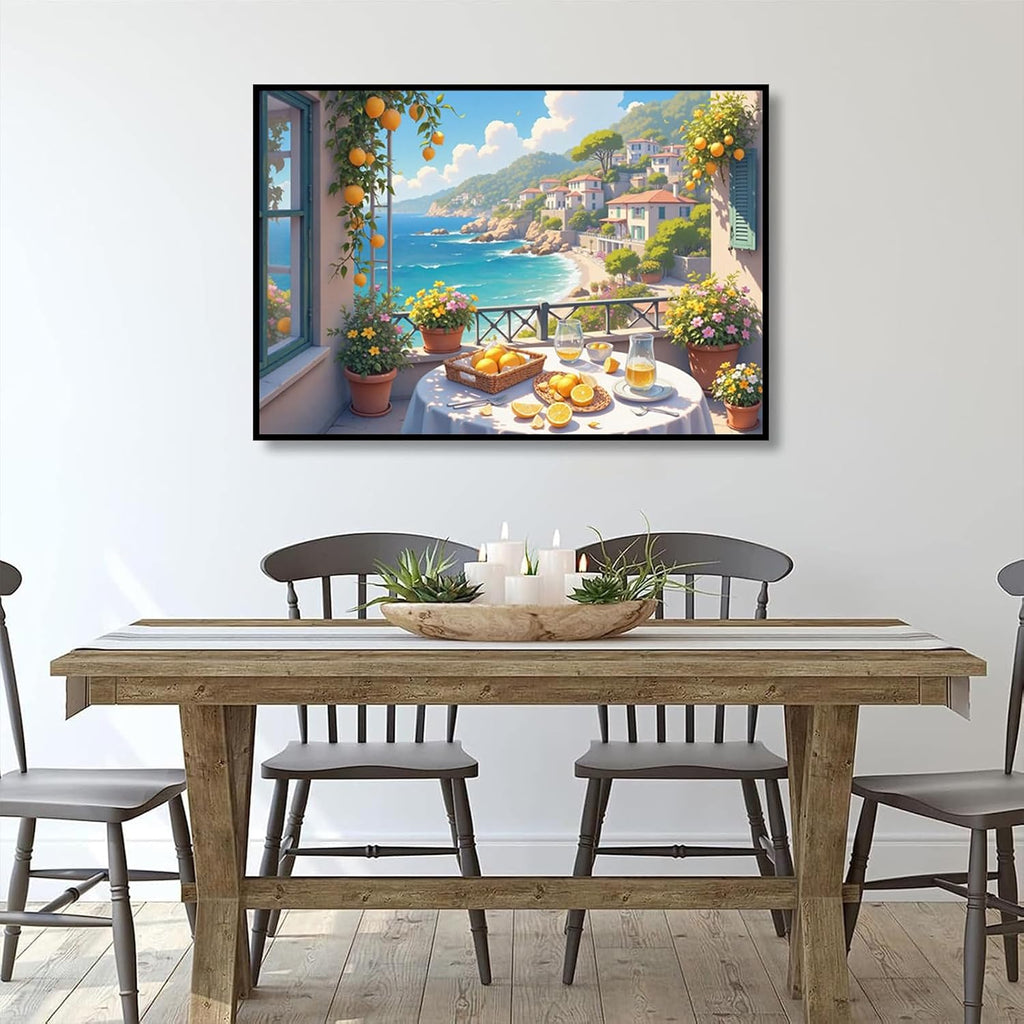 Italian Amalfi Coast Lemon Tree Garden Mediterranean Wall Art Travel Poster | Metal Framed canvas, for resort suites, mediterranean style, guest suite decor, mediterranean vacation vibe