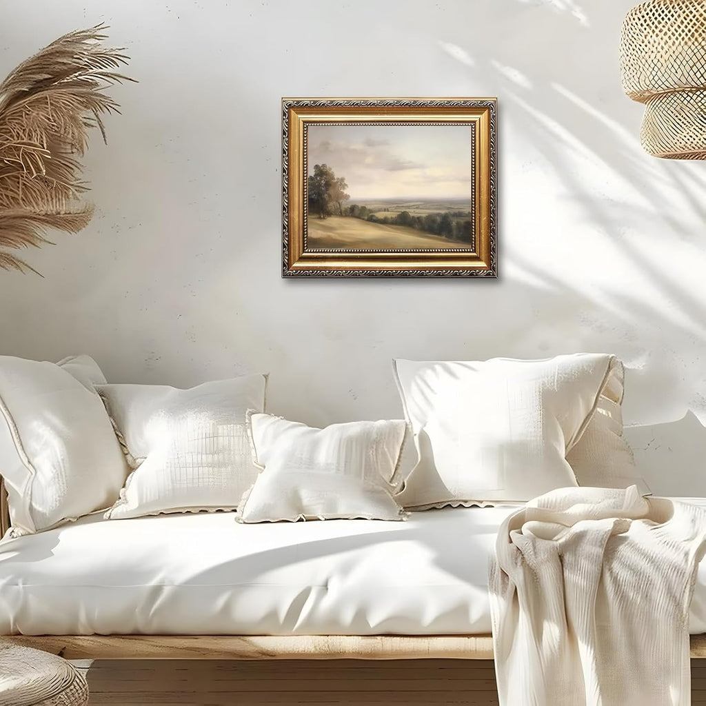 Large Gold Framed Classic European Pastoral Landscape Canvas Wall Art Vintage English Countryside Horizon Oil Painting Poster Retro Rolling Hills Artwork Prints for Rustic Farmhouse Decor 24x36inch