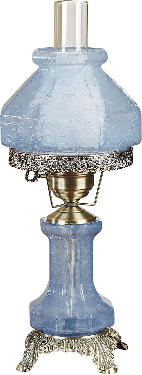 Isabel Hurricane Style Hand-Blown Crackled Glass Victorian Table Lamp Blue | Vintage Lighting for Bedroom, Living Room, Office Desk | Antique Parlor Lampshades with Nightlight