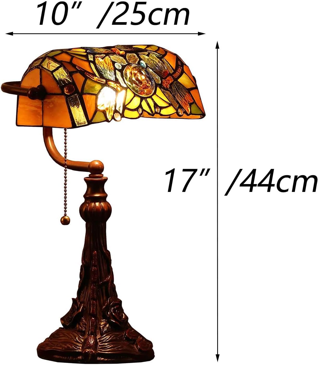 Bieye L10308 Dragonfly Tiffany Style Stained Glass Banker Desk Table Lamp with 10-inches Wide Lampshade for Reading Working, 16 inches Tall (Amber)