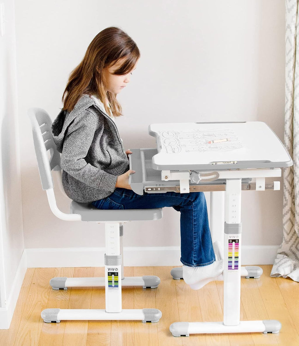 VIVO Gray Height Adjustable Childrens Desk and Chair Set | Kids Interactive Workstation