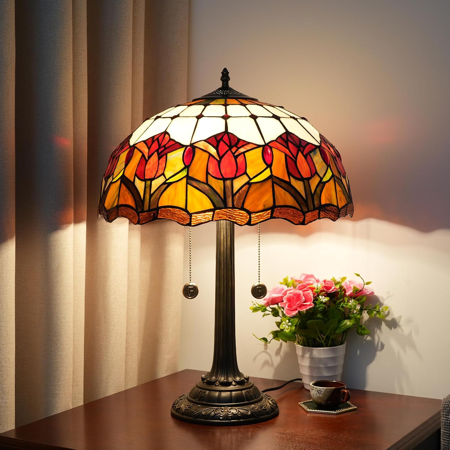 Red Tulip Tiffany Table Lamps for Bedside Bedroom Tiffany Style Stained Glass Nightstand Lamp 16X16X23 INCH Home Office Bedroom Decor Light