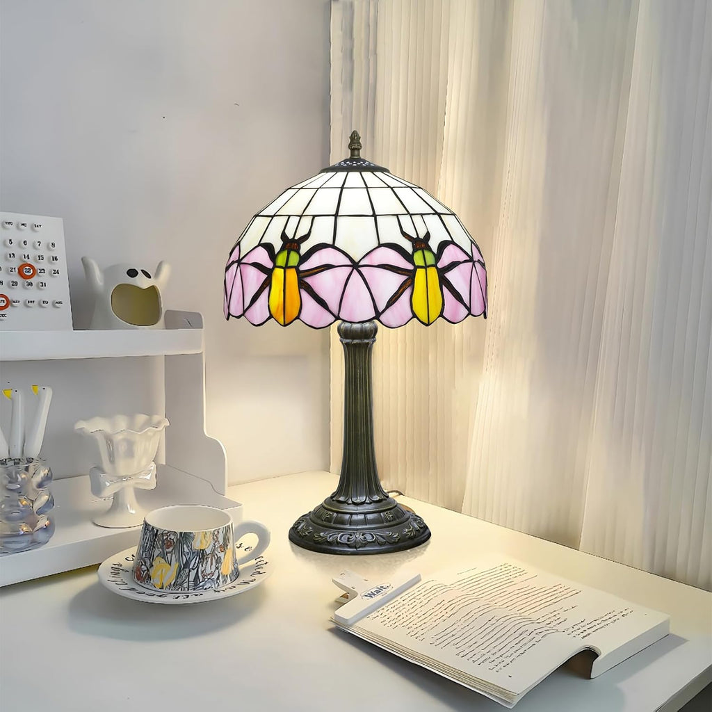 Tiffany Lamp Yellow Beetle Pink Stained Glass Table Lamp Vintage Bedroom Desk Light for Home Dorm Office Art Craft Antique Decor Accent Aesthetic Nightstand Reading Light