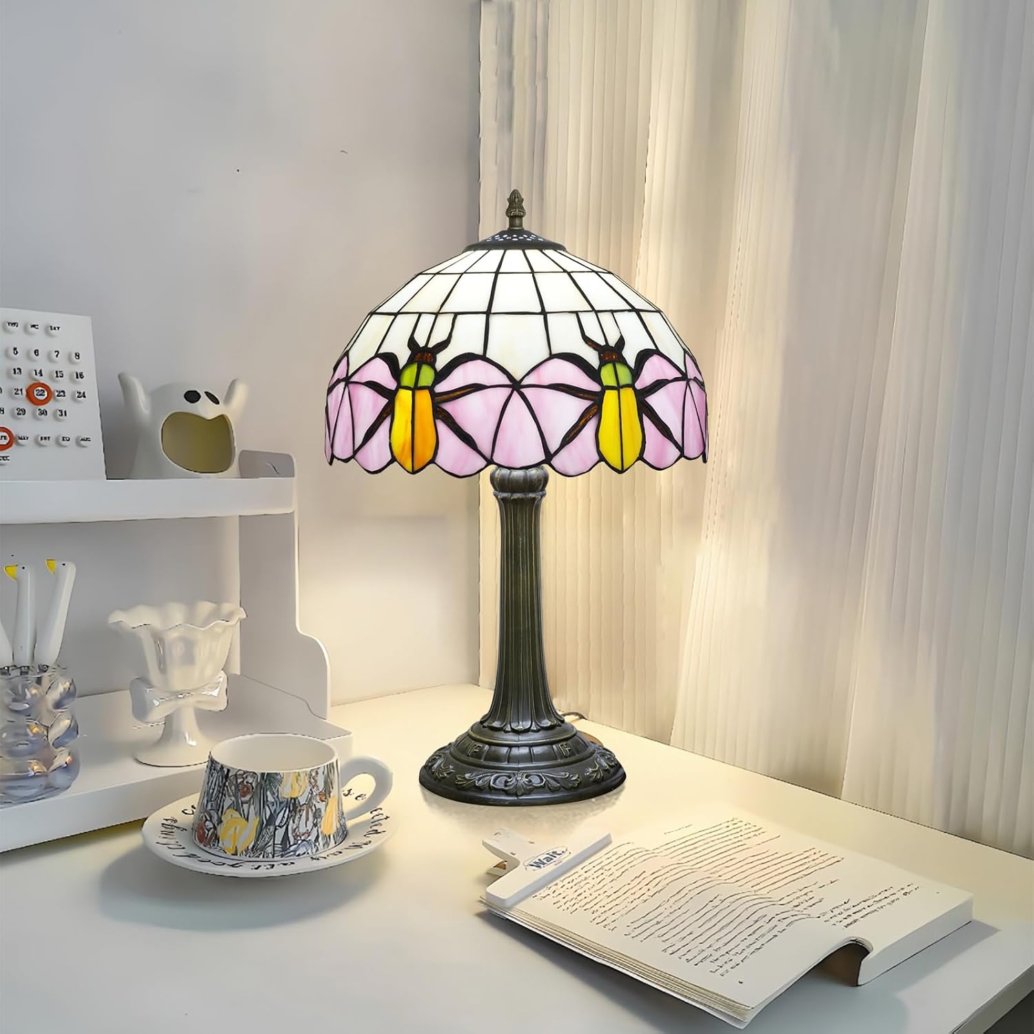 Tiffany Lamp Yellow Beetle Pink Stained Glass Table Lamp Vintage Bedroom Desk Light for Home Dorm Office Art Craft Antique Decor Accent Aesthetic Nightstand Reading Light
