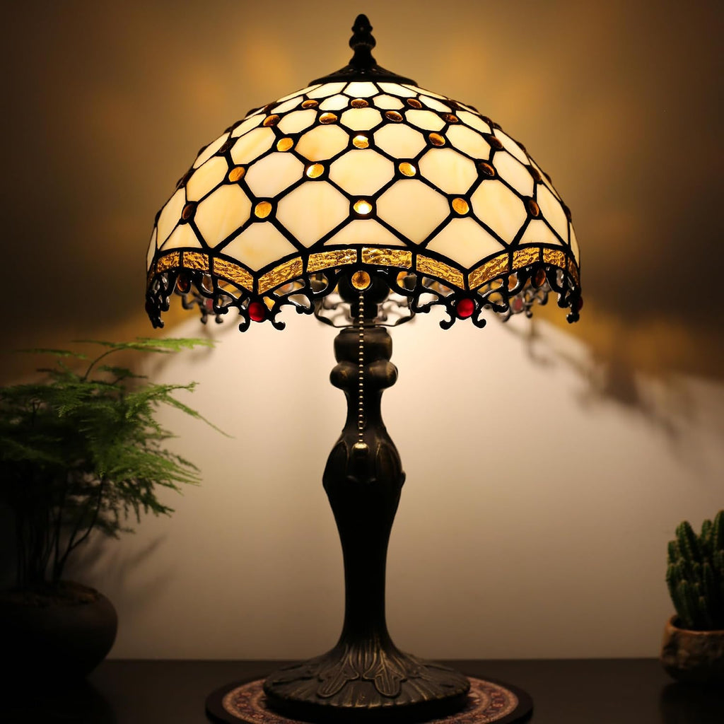 Tiffany Lamp Stained Glass Table Lamp 12 x 19' Phoenix Tail Beads Style Bedside Reading Lamp Decorative Light for Desk Living Room Bedroom Office Study Light Home Decor Gift