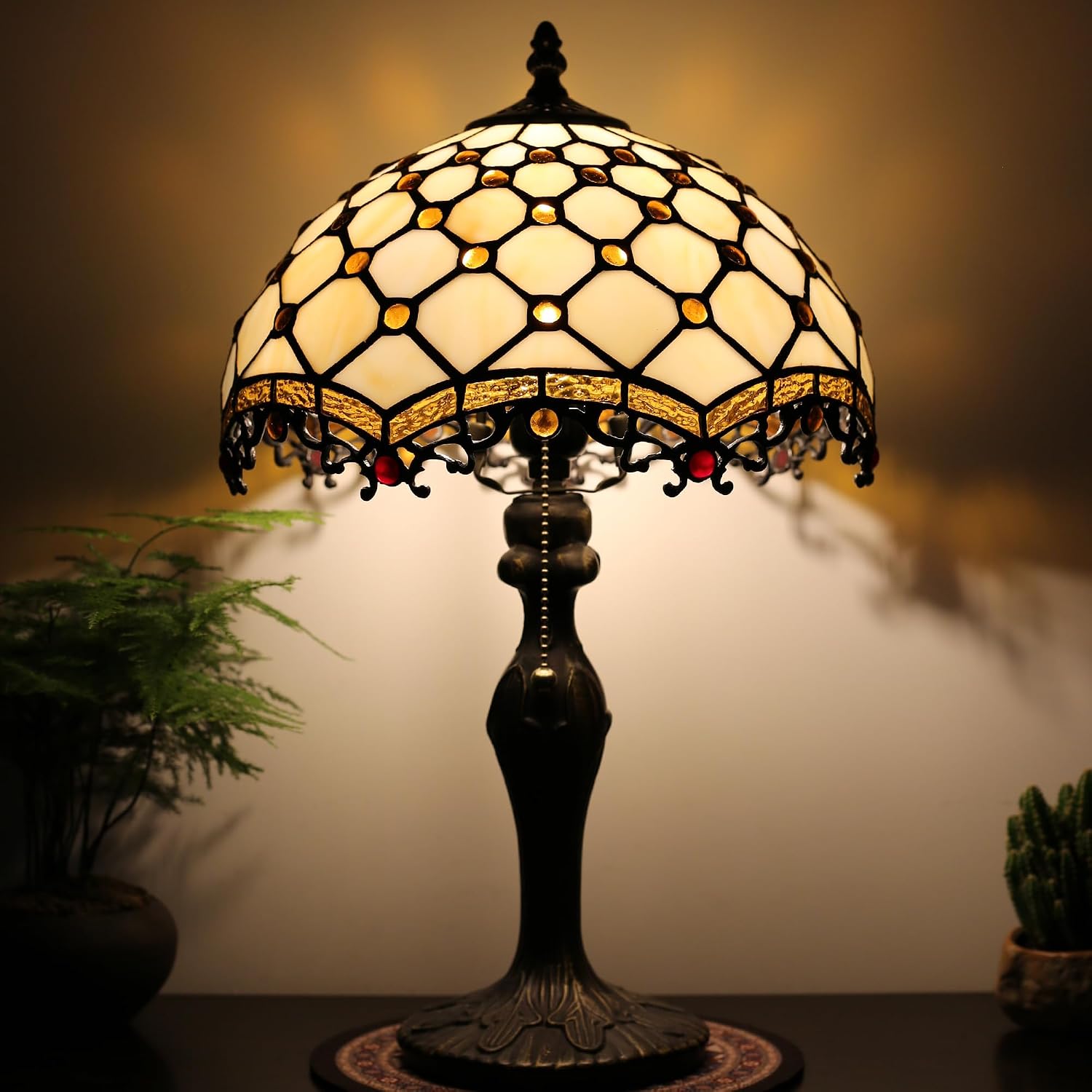 Tiffany Lamp Stained Glass Table Lamp 12 x 19' Phoenix Tail Beads Style Bedside Reading Lamp Decorative Light for Desk Living Room Bedroom Office Study Light Home Decor Gift