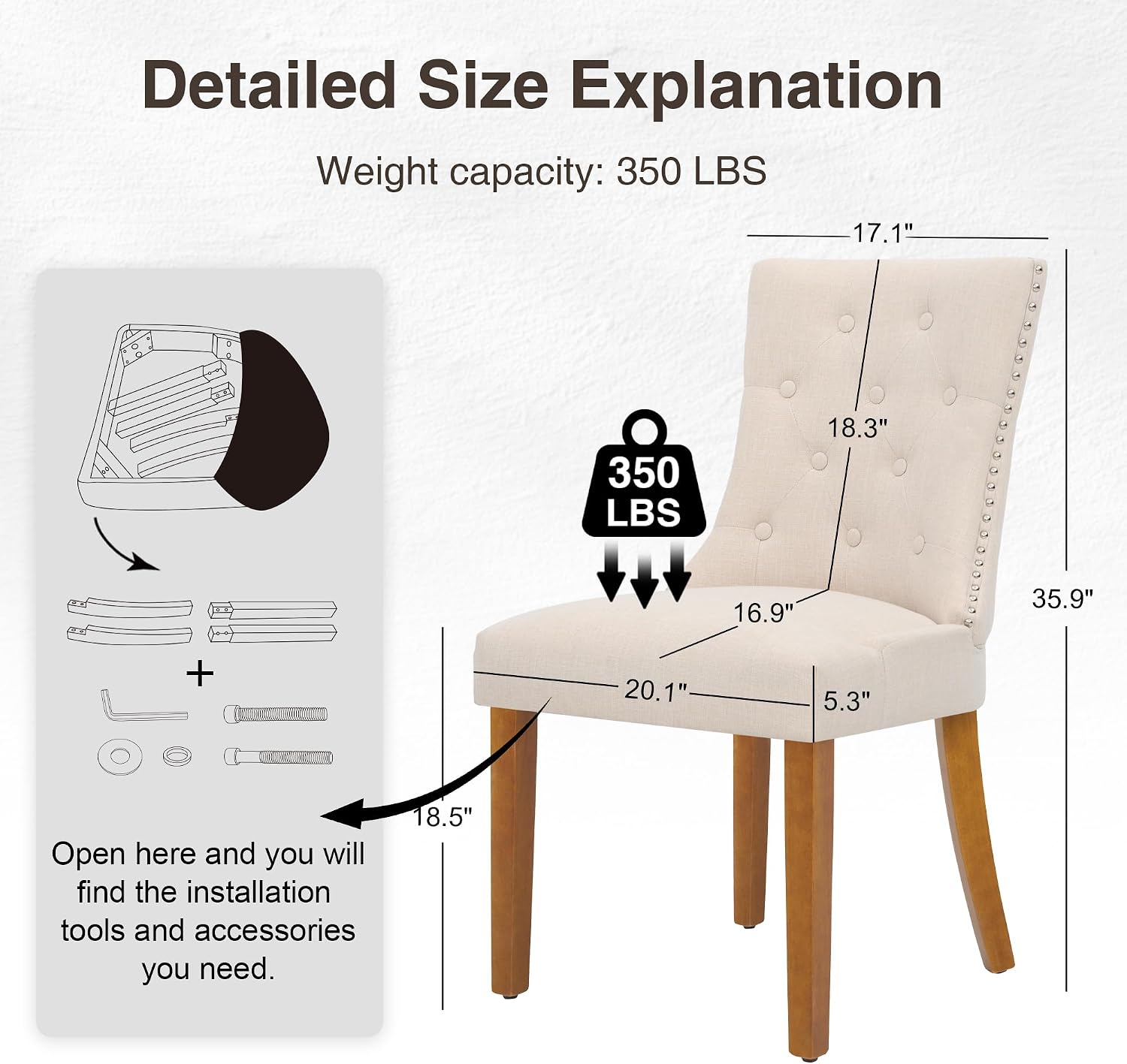 adochr Dining Chairs Set of 6, Modern Mid Century Kitchen Chairs with Wooden Legs & Linen Fabric Back, Dining Room Chairs with Pull Rings & Nailhead Trim, Beige