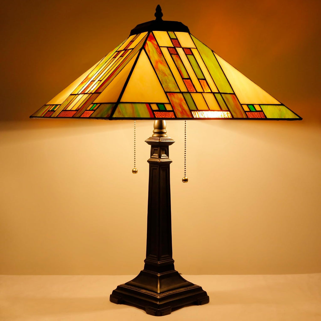 Tiffany Table Lamp Blue White Brown Mission Style Stained Glass 16X16X23 Inches Desk Reading Light for Bedrooms Living Room Study Home Office