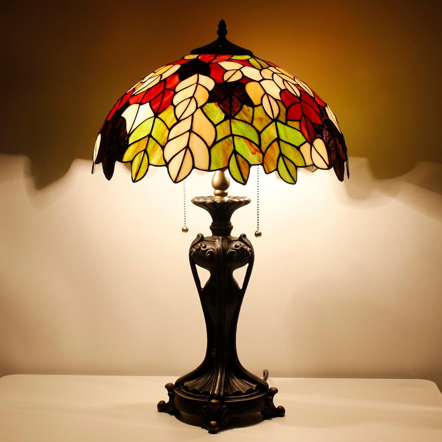 Tiffany Lamp(2 Lights) Stained Glass Table Lamp Bedside Desk Reading Light 16X16X24 Inch Decor Bedroom Living Room Home Office (Maple Leaf)