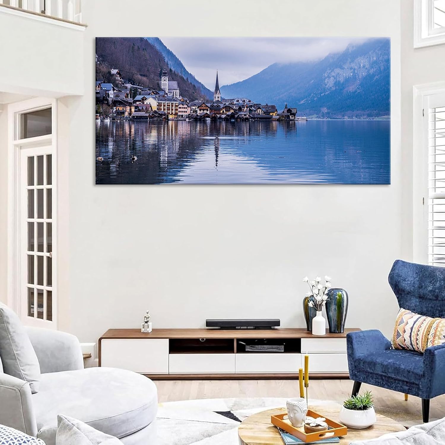 Large European Hallstatt Alpine Village Wall Art Austrian Lakeside Town Canvas Print Misty Mountain Landscape Posters Reflected Houses Travel Home Decor Artwork for Living Room 20x40inch Framed
