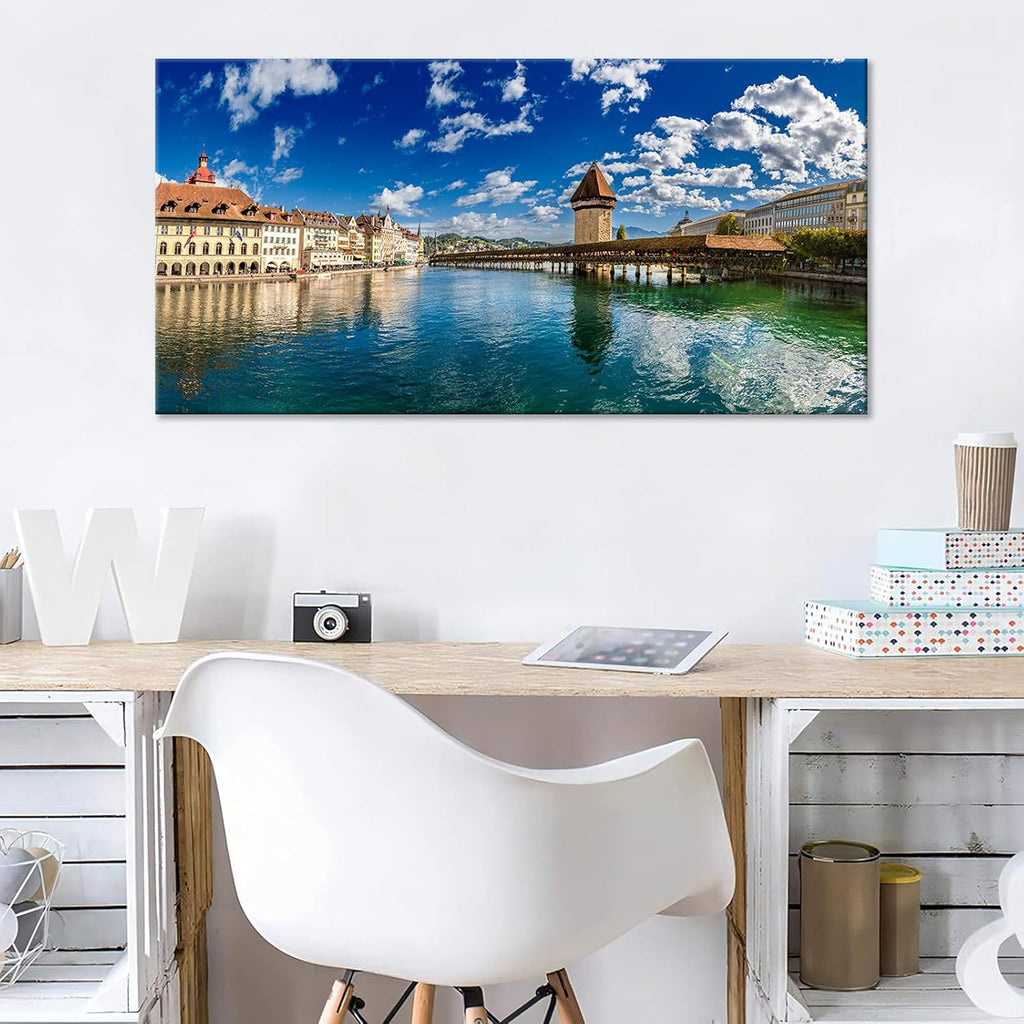 Swiss Lucerne Chapel Bridge Cityscape Large Wall Art Reuss River View Canvas Print Posters European Landscape Lake Pictures Decor Artwork for Luxury Home Living Room Bedroom Office 20x40inch Framed