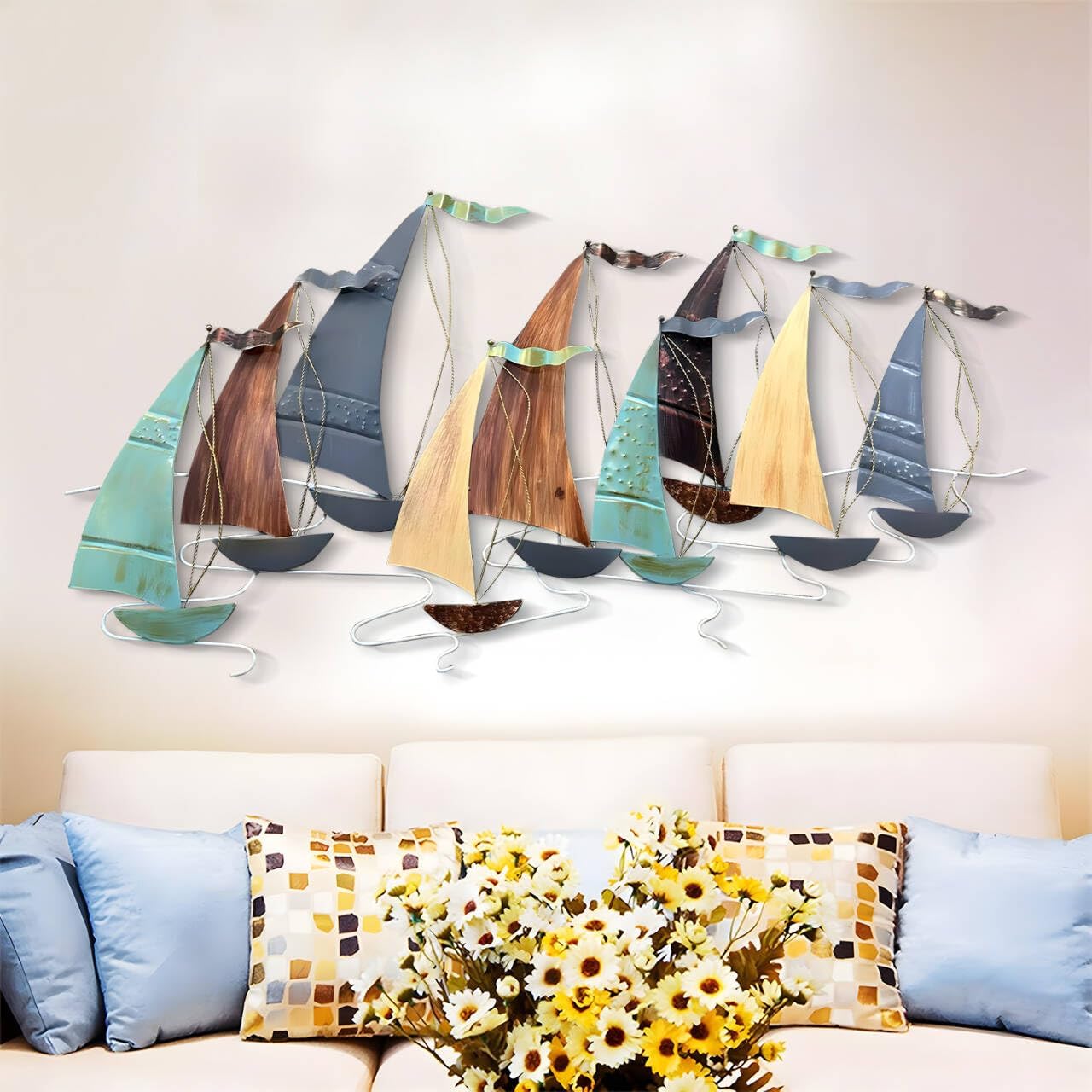 edaknez Large Metal Sailboat Wall Decor, 51' x 26' Ship Metal Wall Art | Coastal Nautical Boat Wall Hanging, Large Ship Wall Sculptures, for Living Room Bedroom Indoor Ourdoor Ocean Beach