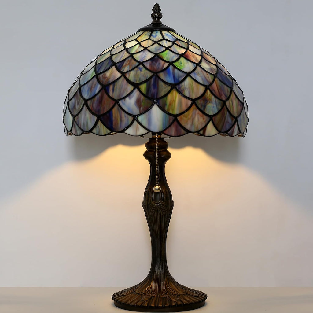 Tiffany Lamp Stained Glass Table Lamp 12' x 19' Blue Fish Scales Style Decorative Lamp Bedside Reading Lamp for Desk Living Room Bedroom Office Study Light Home Decor Gift