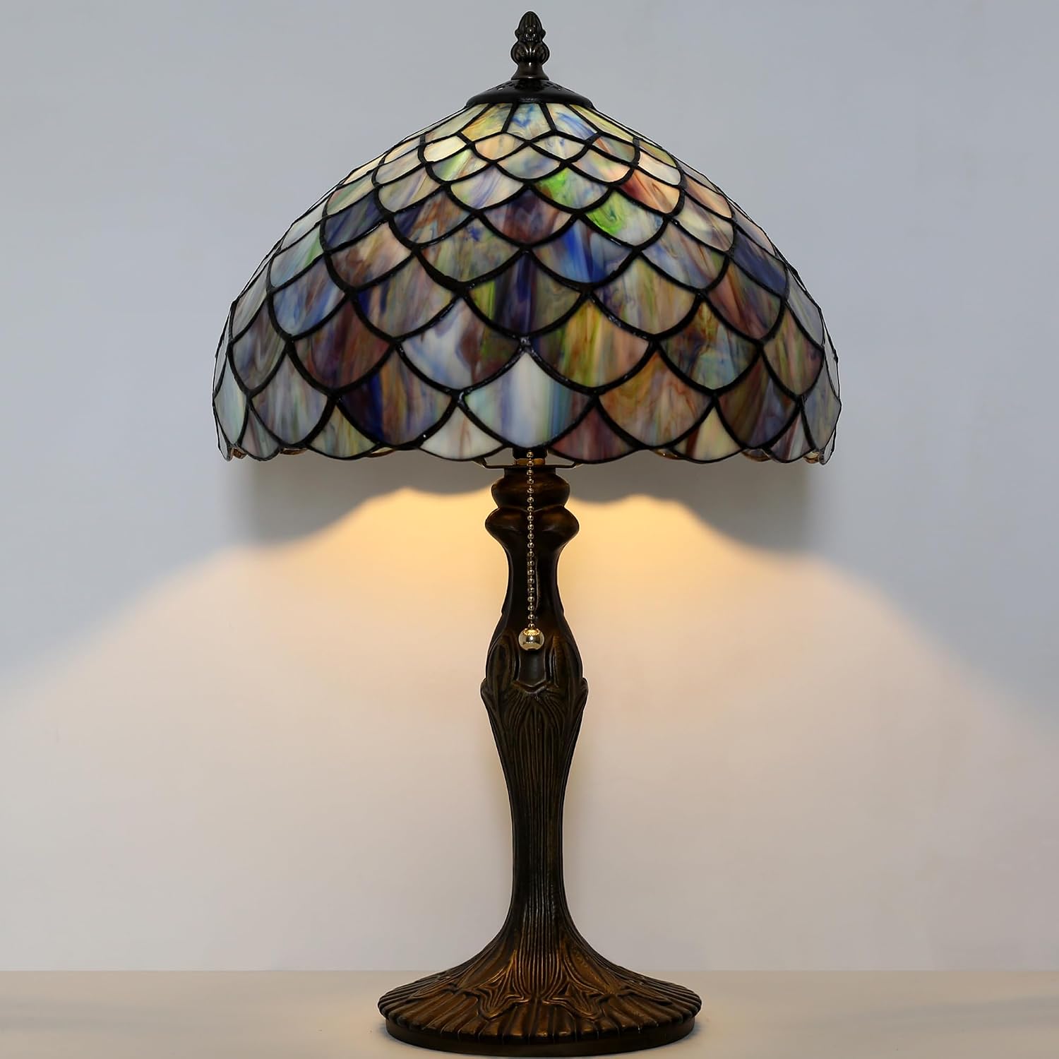 Tiffany Lamp Stained Glass Table Lamp 12' x 19' Blue Fish Scales Style Decorative Lamp Bedside Reading Lamp for Desk Living Room Bedroom Office Study Light Home Decor Gift