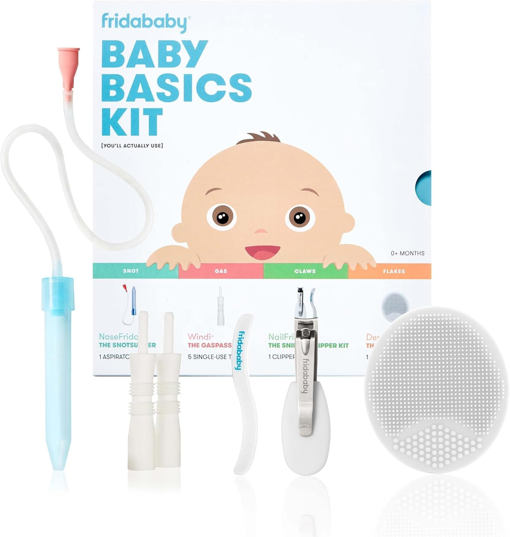Frida Baby Basics Kit,6pc Baby Essentials Kit Includes Nasal Aspirator Snotsucker,NailFrida Nail Files,Windi Gas Relief,DermaFrida Bath Brush + Silicone Carry Case,(Pack of 8)