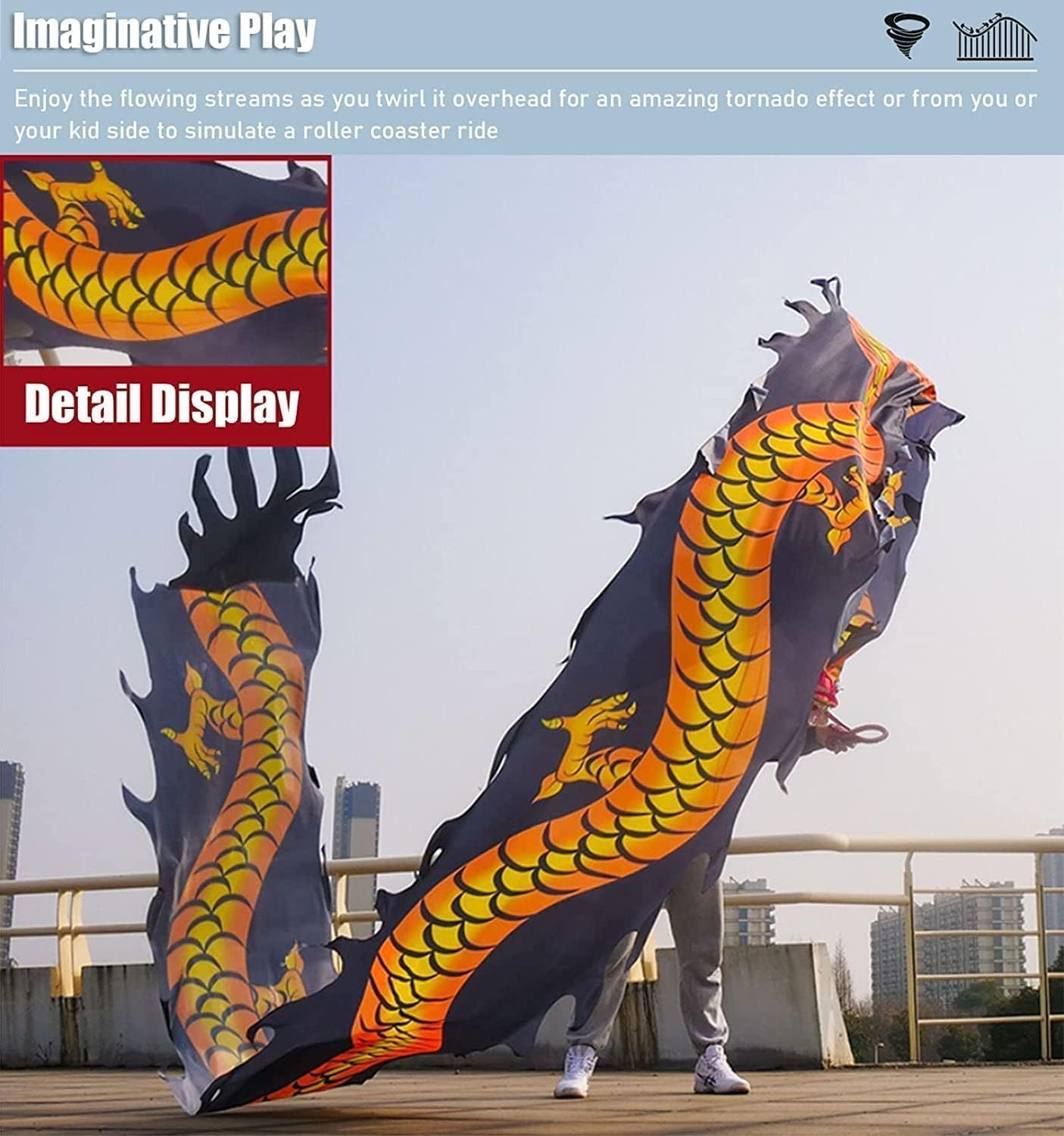 Lion Dance Cloth Silk Streamer Dragon Dance Ribbon with Head Flowy Shaking Flinging Lion Dragon Dances Costume(B,10m/33ft)