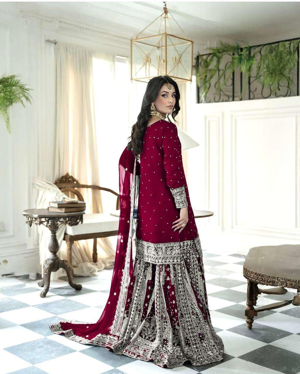 Rianshi craft Women's Faux Georgette Embroidered Straight Kurta with Sharara & Dupatta Set with Rivet Moti Work