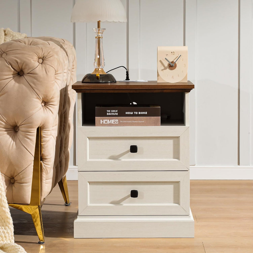 Night Stand with Charging Station, Bedside Table with 2 Drawers Storage and Open Shelf, 20' Wider Farmhouse White Nightstand with Outlets, Wood Modern End Table for Bedroom Office