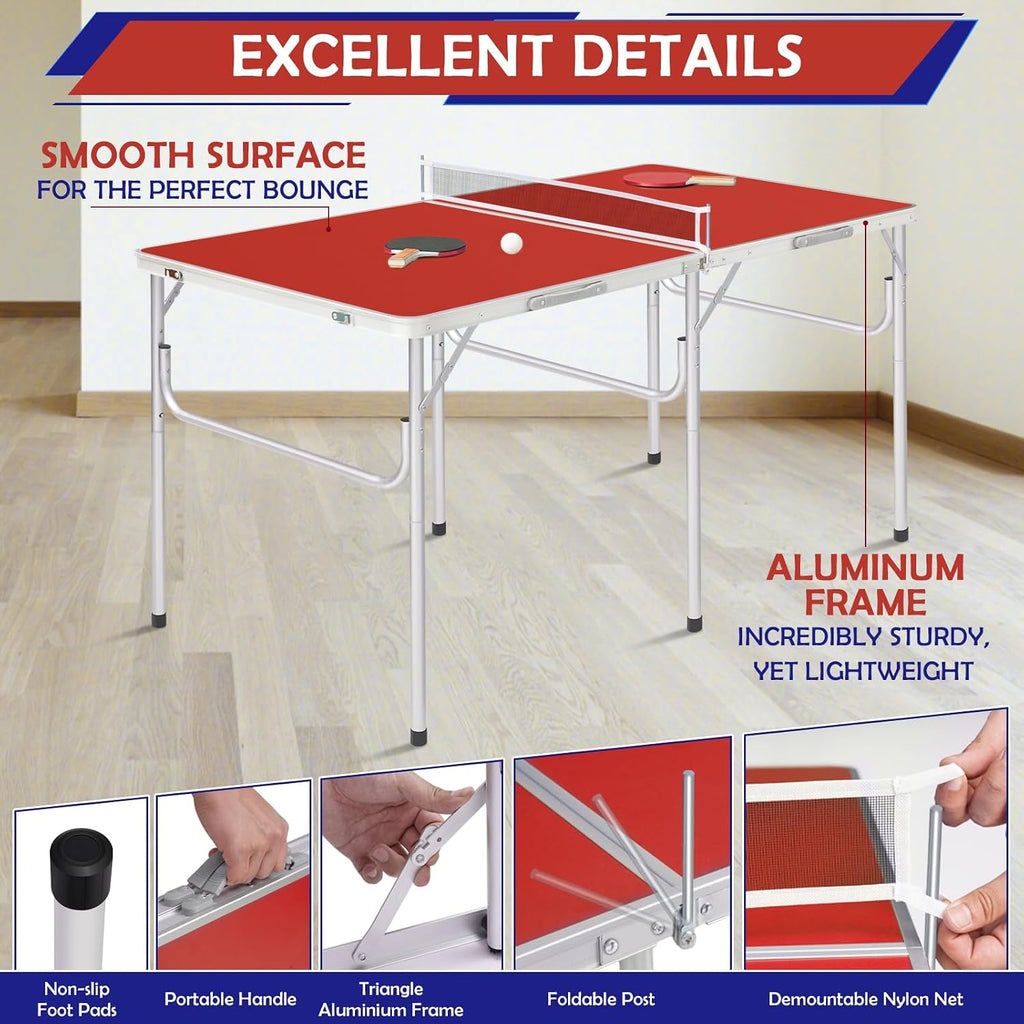 Portable Ping Pong Table, Foldable Indoor Table Tennis Tables Game, Folding Indoor Table Tennis w/ 2 Paddles, 2 Balls and Net for Adults/Teens, Quick Assembly