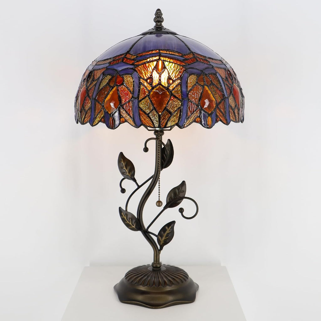 Tiffany Lamp Purple Brown Jewelry Baroque Style Stained Glass Table Lamp Desk Bedside Reading Light 12X12X19 Inches Bronze Resin Metal Leaf Base