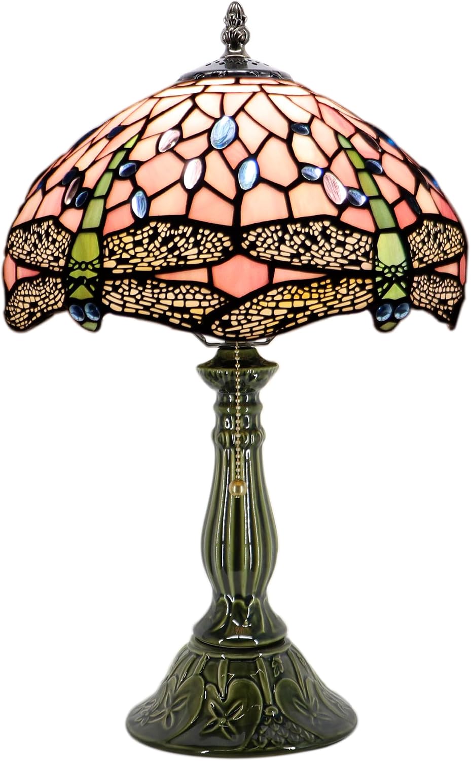 Tiffany Lamp Stained Glass Table Lamps Pink Dragonfly Style Desk Lamp12X12X18.5 Inch Bronze Ceramic Base Reading Light Suitable for Bedside Bedroom Living Room Dining Room Office