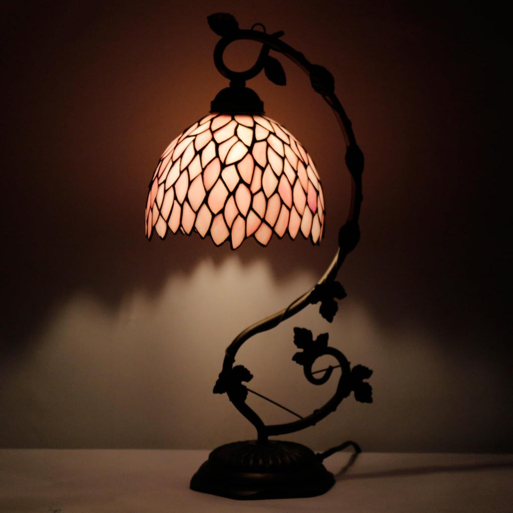 WERFACTORY Tiffany Lamp Pink Wisteria Style Stained Glass Table Desk Reading Light, Metal Leaf Base 8X10X21 Inches Decor Small Space Bedroom Home Office S523P Series