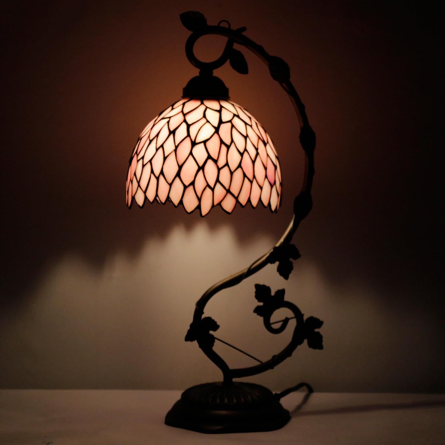 WERFACTORY Tiffany Lamp Pink Wisteria Style Stained Glass Table Desk Reading Light, Metal Leaf Base 8X10X21 Inches Decor Small Space Bedroom Home Office S523P Series