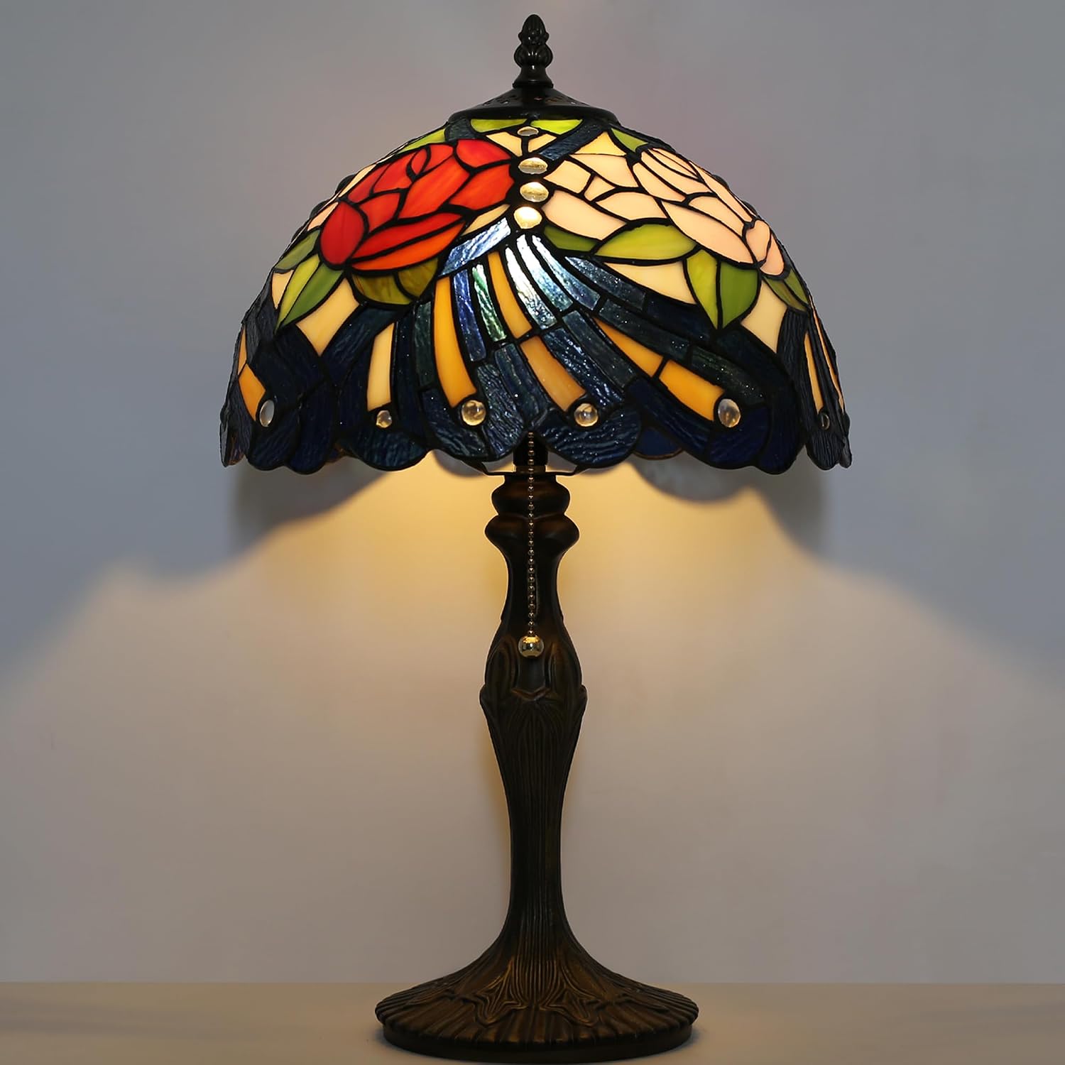Tiffany Lamp Stained Glass Table Lamp 12' x 19' Pink Red Rose Style Decorative Lamp Bedside Reading Lamp for Desk Living Room Bedroom Office Study Light Home Decor Gift