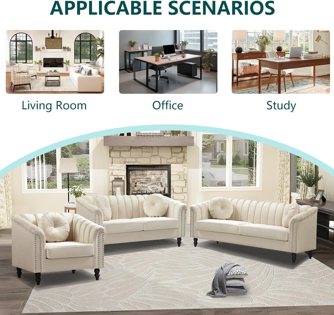 3 Piece Chesterfield Sofa Set, Upholstered Fabric Sofa Couches, Living Room Furniture Sets, Velvet Accent Chair Loveseat Couch Set with Pillows, Furniture for Living Room/Office, Cream White