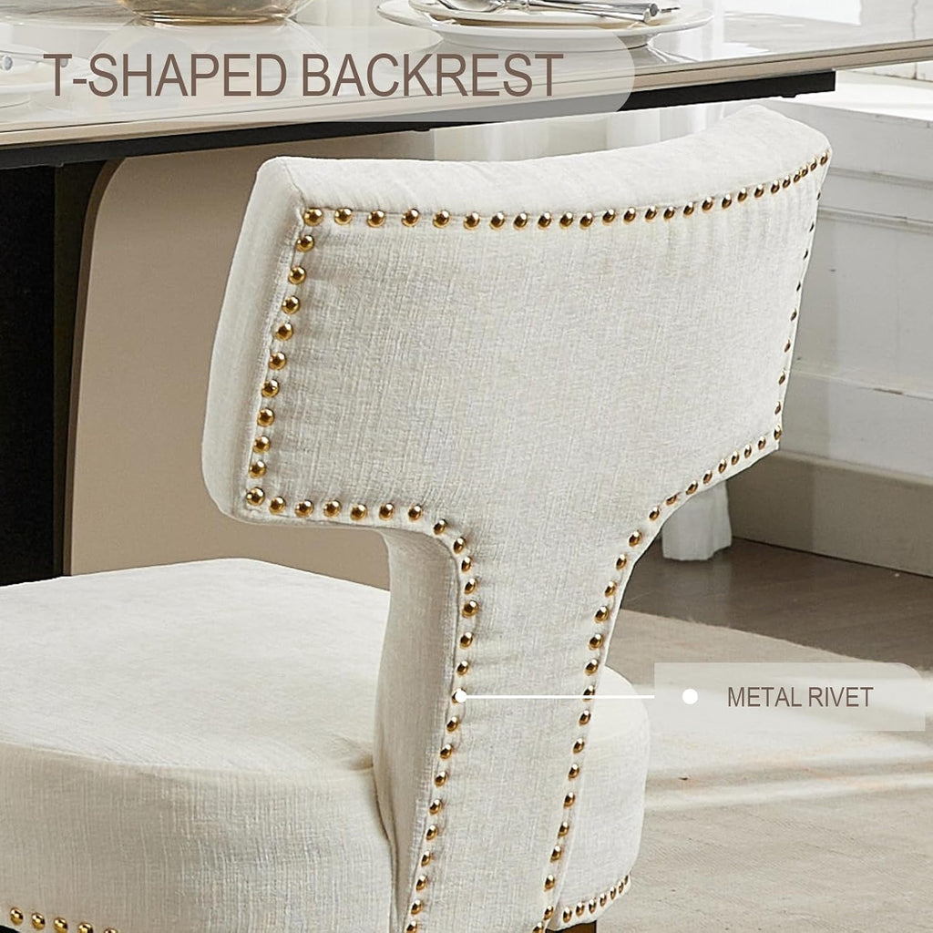 Dining Chair Set of 2 Linen Fabric Curved Backrest Farmhouse Mid Century Accent Upholstered Kitchen Chairs with Gold Legs and Foot Pad for Dining Room/Living Room/Restaurant,Beige
