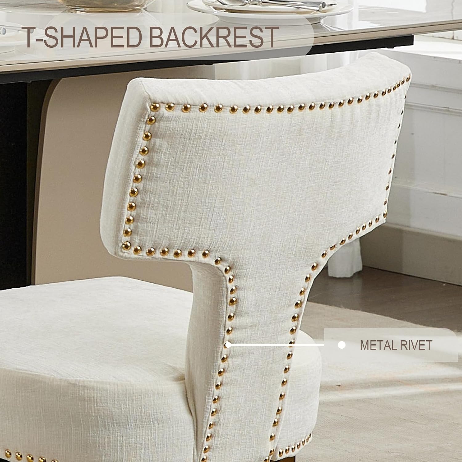 Dining Chair Set of 2 Linen Fabric Curved Backrest Farmhouse Mid Century Accent Upholstered Kitchen Chairs with Gold Legs and Foot Pad for Dining Room/Living Room/Restaurant,Beige