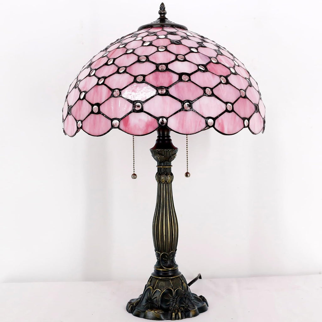 WERFACTORY Tiffany Table Lamp Stained Glass Bedside Lamp 16X16X24 Inches Pink Pearl Bead Desk Reading Light Resin Base Decor Bedroom Living Room Home Office S005P Series (Pink Bead)